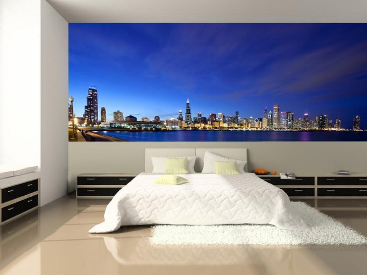 Chicago Skyline Panoramic at Night Wall Mural-Cityscapes,Panoramic-Eazywallz