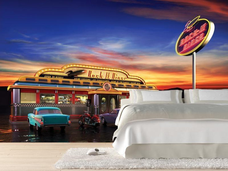 Retro american diner at dusk Wall Mural-Vintage-Eazywallz